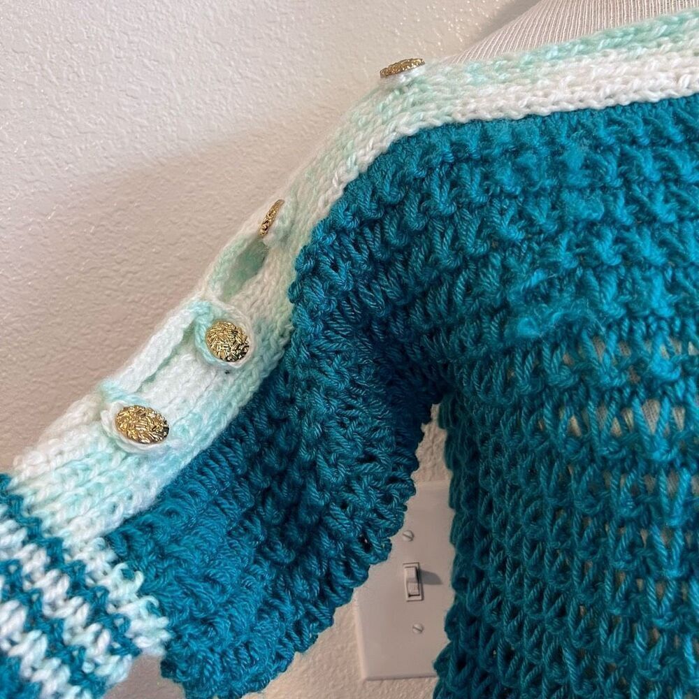 Handmade Stretch Chunky Knit Dropped Sleeve Top Teal White Size Small - Picture 9 of 11